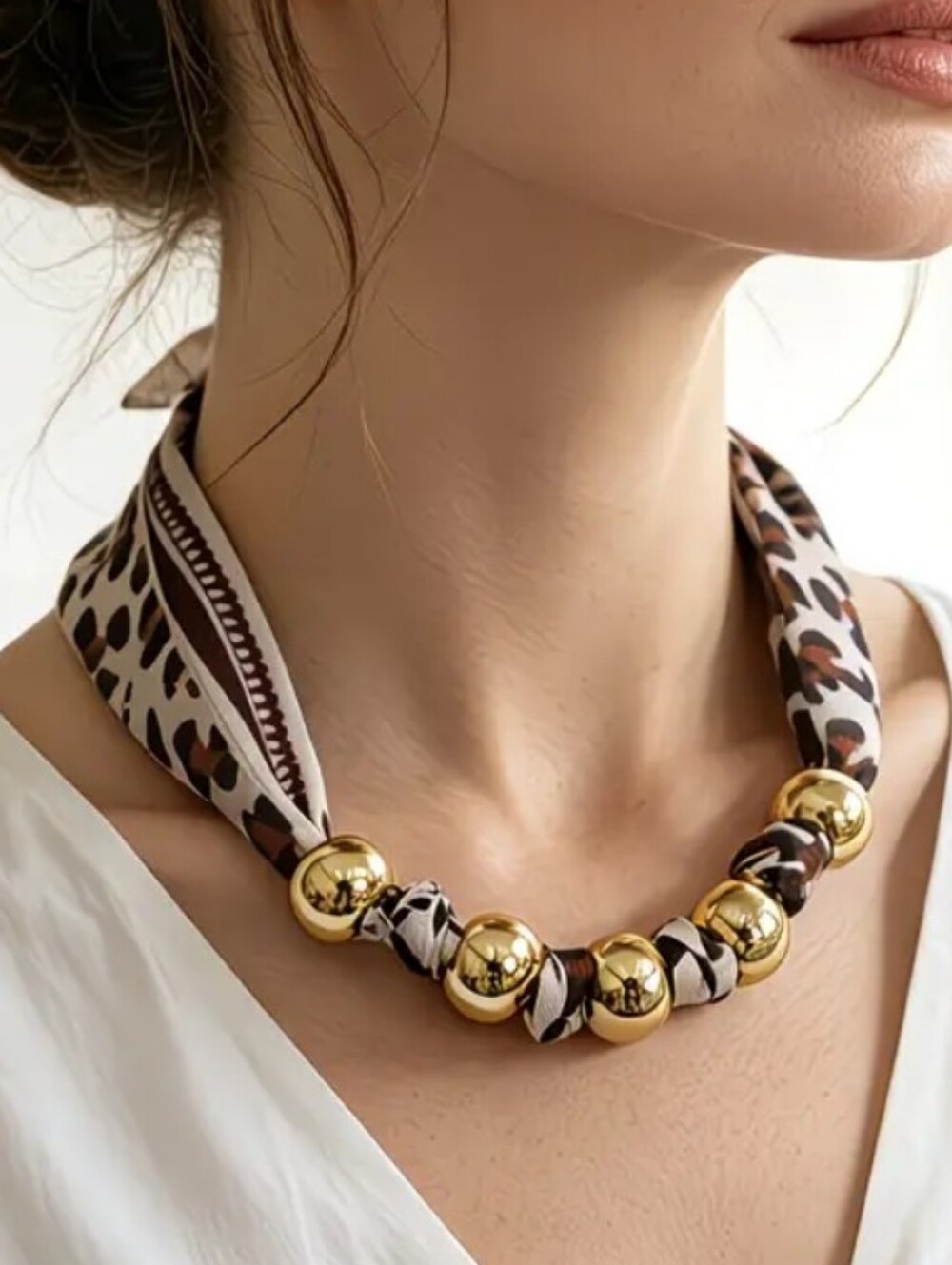 NEW! Chic Gold Bead Leopard Print Scarf Necklace